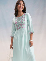 Thumbnail for Vishudh Blue Floral Embroidered Keyhole Neck A-Line Straight Kurta - Distacart