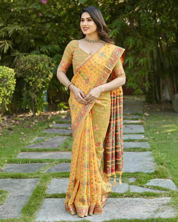 Vastranavya Luxury and Beautiful Soft, Smooth, Flowing Original Pashmina Soft Cotton Saree with Matching Blouse Fabric - Yellow - Distacart