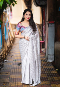Thumbnail for Grey Poly Crepe Ethnic Motifs Saree with Unstitched Blouse - A2M