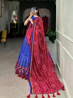 Thumbnail for Vastranavya Cultural Leheriya With Patola Print Border Tussar Silk Lehenga Choli - Royal Blue - Distacart