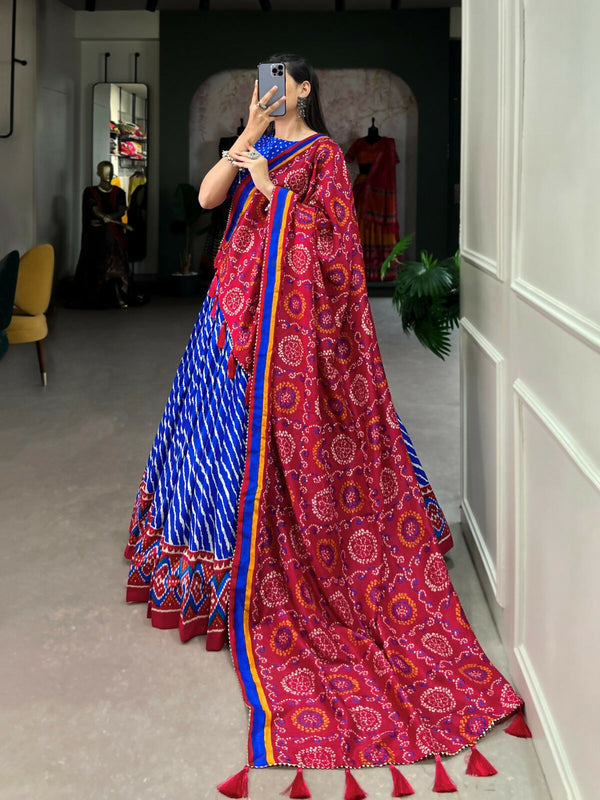 Vastranavya Cultural Leheriya With Patola Print Border Tussar Silk Lehenga Choli - Royal Blue - Distacart