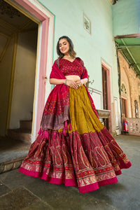 Thumbnail for Vastranavya Floral Print With Foil Print Tussar Silk Lehenga With Unstitched Blouse - Mustard