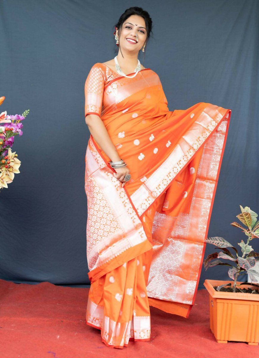 Aastha Fashion Orange Woven Soft Banarasi Silk Saree with Blouse - Distacart