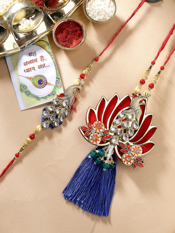 NVR Women & Men Set of 2 Gold-Toned Peacock Design Stone-Studded Bhaiya Bhabhi Rakhi With Roli Chawal - Distacart