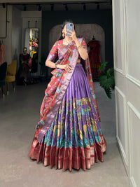 Thumbnail for Vastranavya Kalamkari Printed Dola Silk Lehenga Choli - Lavander