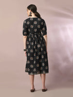 Thumbnail for Myshka Women's Black Printed Cotton V-Neck Empire Party Dress - Distacart