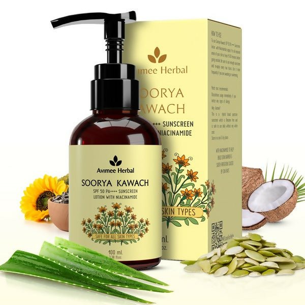 Avimee Herbal Soorya Kawach SPF 50 PA++++ Niacinamide Sunscreen Lotion - Distacart
