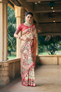Thumbnail for Aastha Fashion Cream Woven Patola Silk Saree with Blouse - Distacart