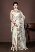 Thumbnail for Morchari Beige Banarasi Tissue Computer Embroidery Saree Unstitched Blouse