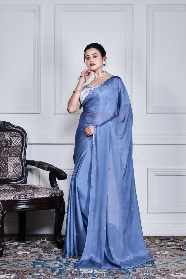 Morchari Grey Chiffon Hand Embroidery Saree And Stitched Blouse