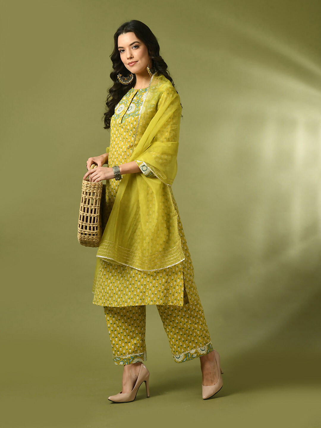 Myshka Women's Yellow Printed Cotton Straight Party Kurta Set With Dupatta - Distacart