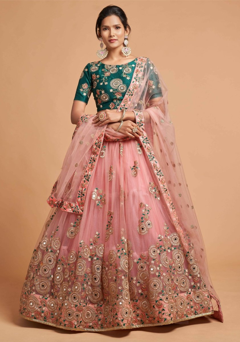 Aastha Fashion Women's Amazing Peach Thread Embroidered Net Wedding Lehenga Choli - Distacart