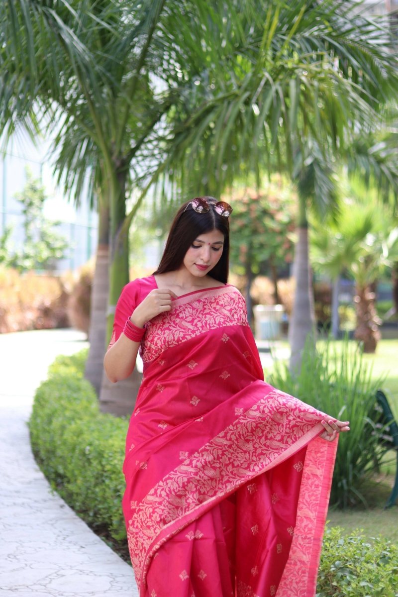 Aastha Fashion Rani Pink Woven Handloom Raw Silk Saree with Blouse - Distacart