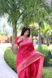 Thumbnail for Aastha Fashion Rani Pink Woven Handloom Raw Silk Saree with Blouse - Distacart