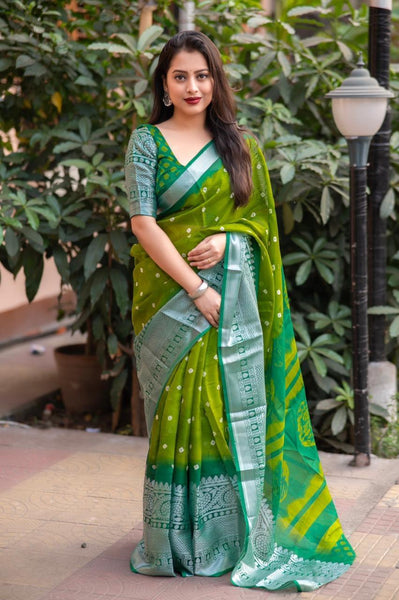Green Jute Silk Ethnic Motifs Saree with Unstitched Blouse - A2M
