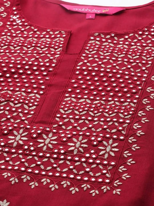 Anubhutee Maroon Floral Embroidered Mirror Work Kurta with Trousers & With Dupatta - Distacart