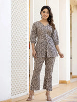 Thumbnail for Yufta Ethnic Motifs Print Grey Cotton A-Line Co-Ord Set - Distacart