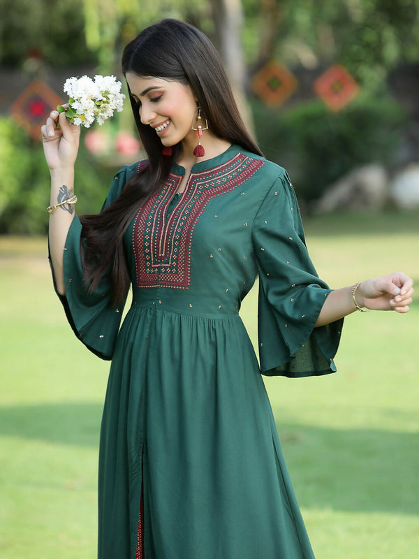 Juniper Jade Green Ethnic Motif Printed Rayon High-Slit Kurta & Palazzo Set With Thread Work Embroidery - Distacart