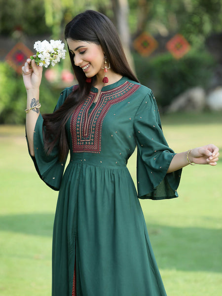 Juniper Jade Green Ethnic Motif Printed Rayon High-Slit Kurta & Palazzo Set With Thread Work Embroidery - Distacart