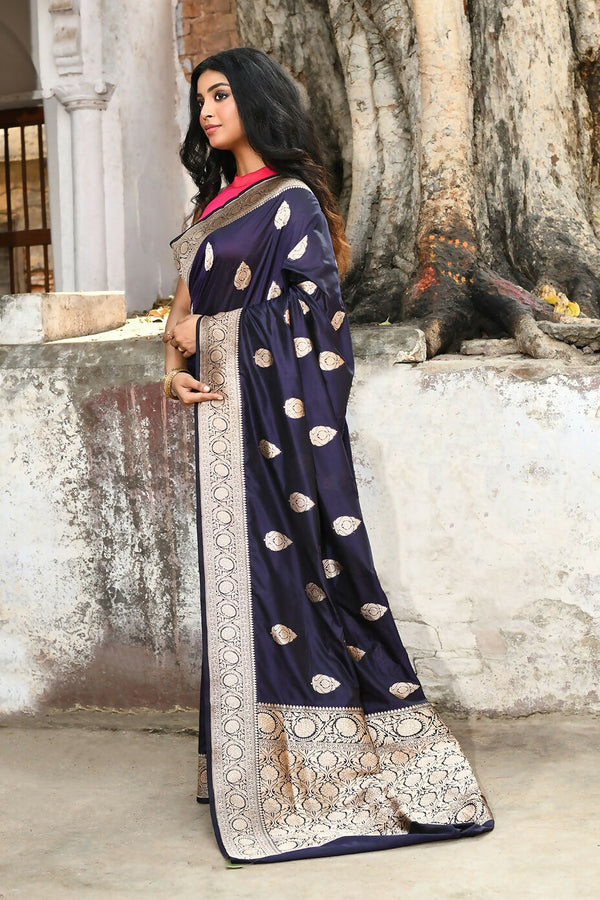 Joban Fashion Navy Blue Pure Katan Pure Handloom Banarasi Silk Saree