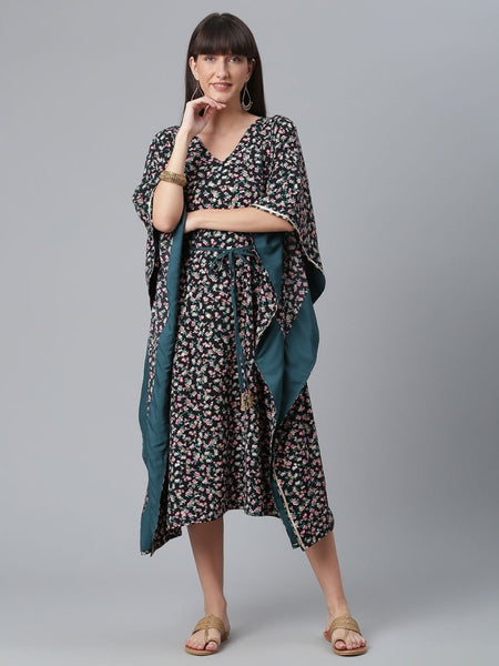 Ahalyaa Crepe Black Digital & Foil Floral Printed Kaftan