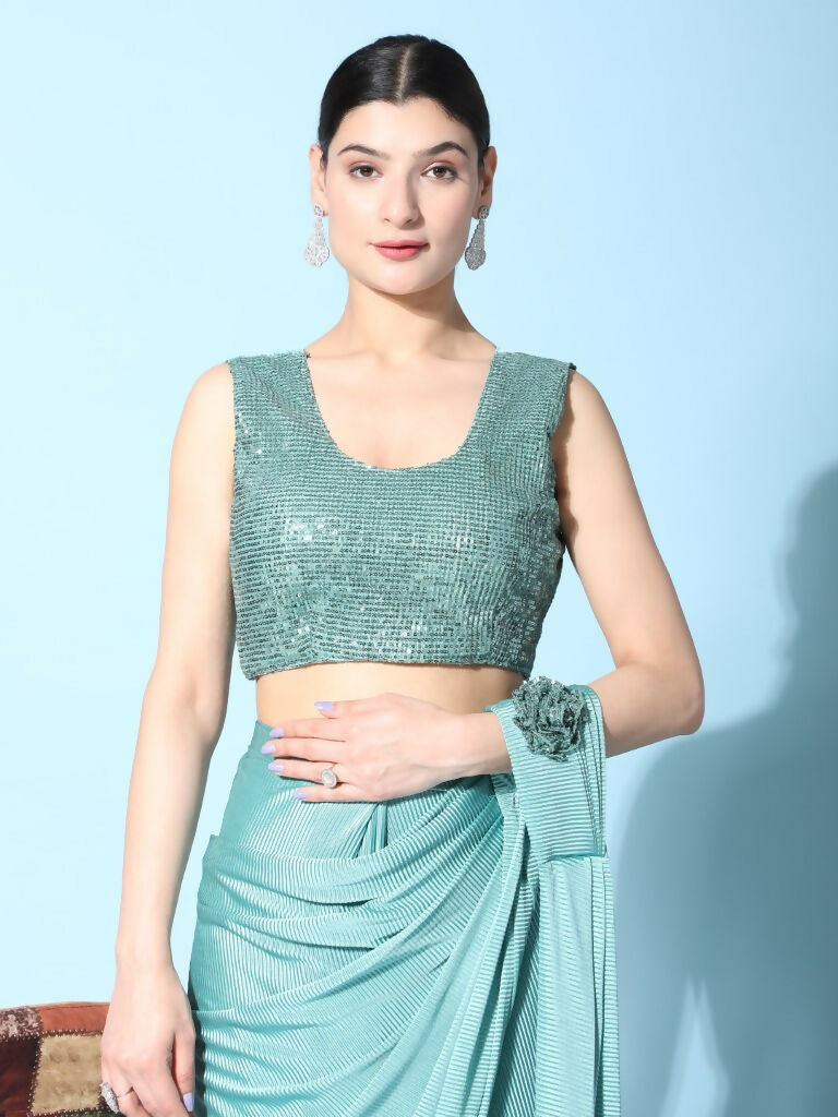Sea Green Imported Crush Lycra Texture Pattern Ready to Wear Saree with stitched Blouse - Nirvana - Distacart