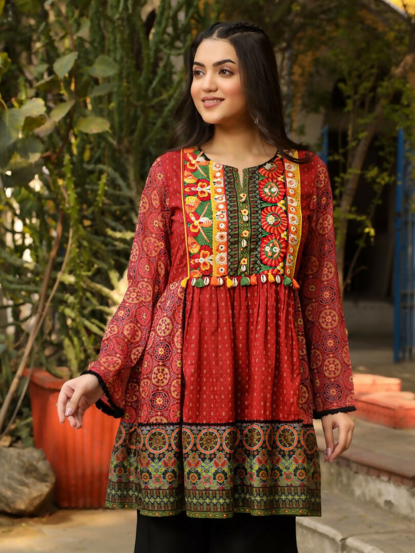 Juniper Rust Ethnic Motif Printed Cotton & Chiffon Peplum Tunic With Thread Embroidery & Tassels - Distacart