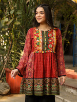Thumbnail for Juniper Rust Ethnic Motif Printed Cotton & Chiffon Peplum Tunic With Thread Embroidery & Tassels - Distacart