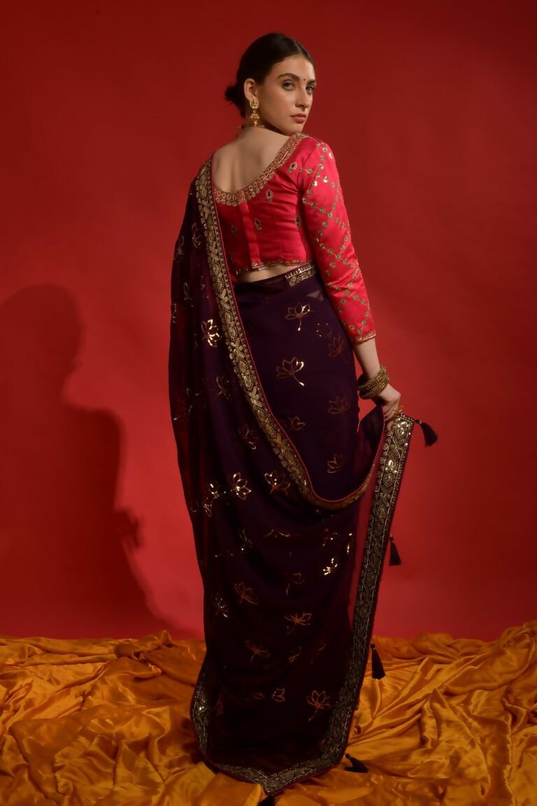 Aastha Fashion Wine Soft Georgette sequins embroidery work with lace border Saree