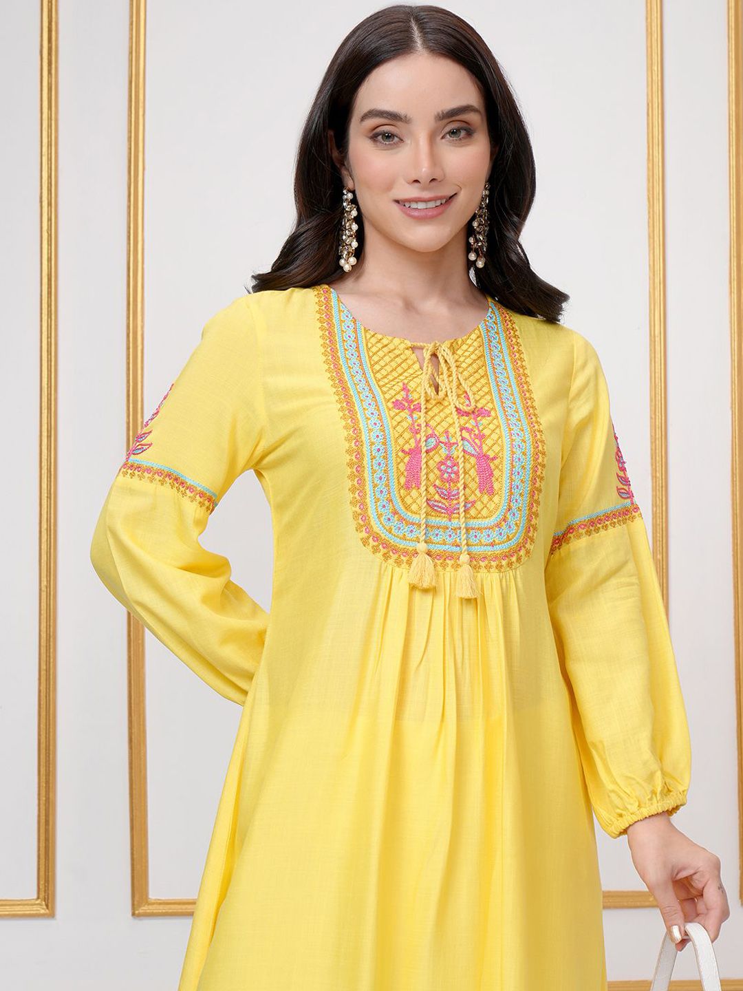 Vishudh Yellow Floral Embroidered Tie-Up Neck Long Sleeves Thread Work A-Line Kurta - Distacart