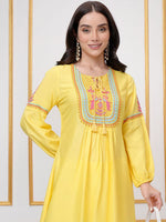 Thumbnail for Vishudh Yellow Floral Embroidered Tie-Up Neck Long Sleeves Thread Work A-Line Kurta - Distacart