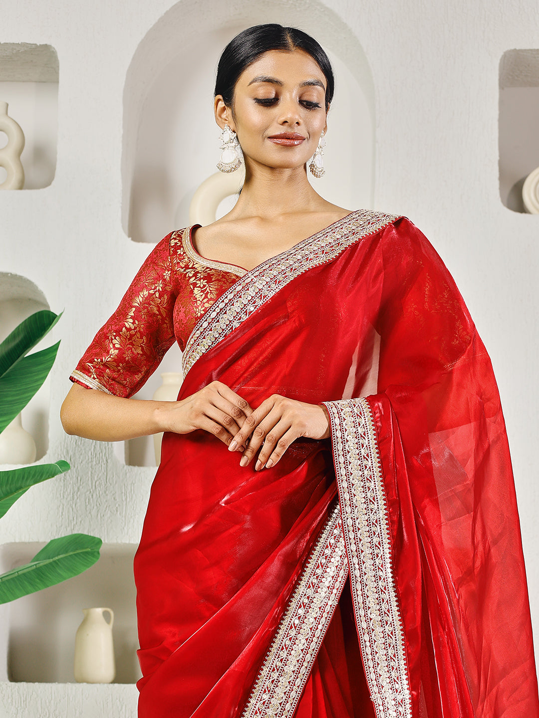 Fab Fashion Red Solid Ready to Wear Saree With Blouse - Distacart