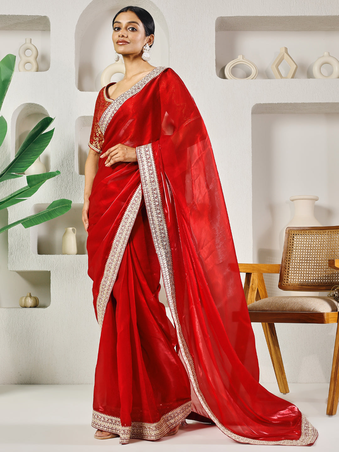 Fab Fashion Red Solid Ready to Wear Saree With Blouse - Distacart