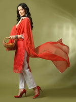 Thumbnail for Myshka Women's Red Printed Kota Straight Party Kurta Set With Dupatta - Distacart