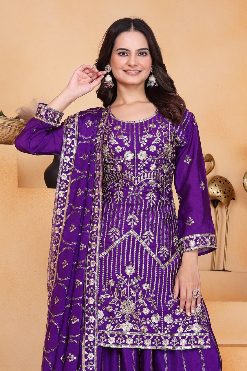 Prazu Fashion Violet Chinon Silk Sequin Embroidered Sharara Suit