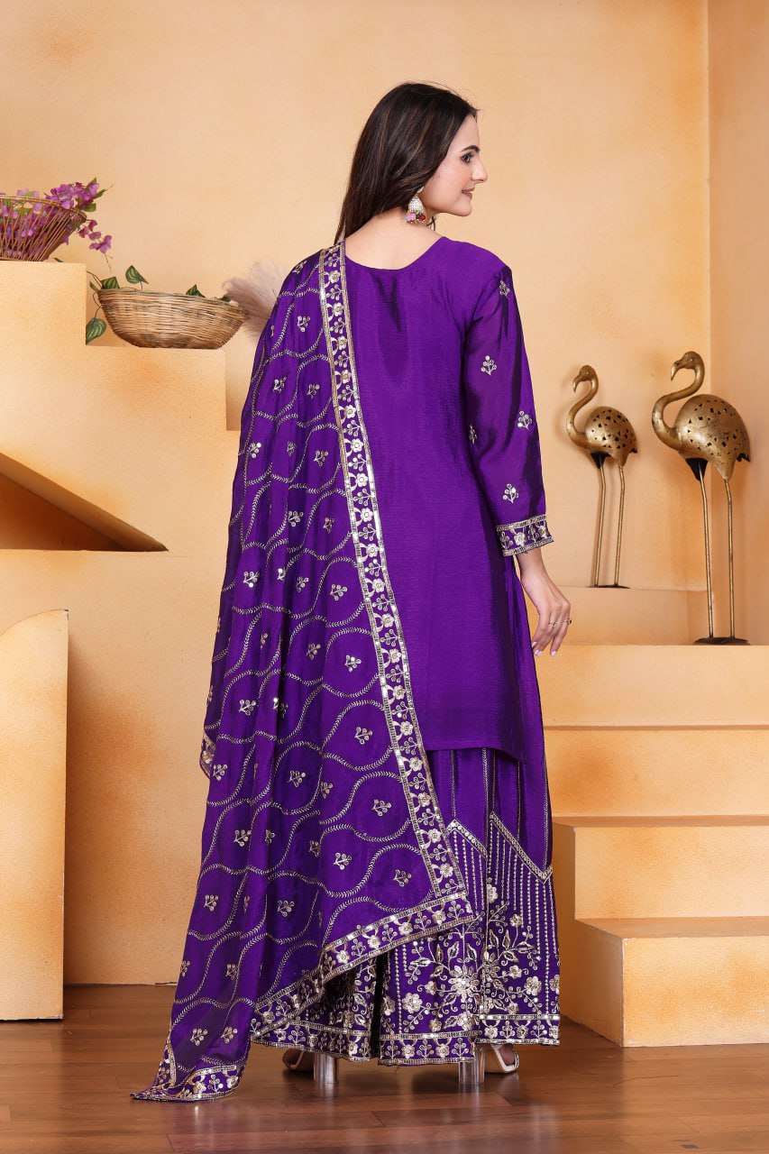 Prazu Fashion Violet Chinon Silk Sequin Embroidered Sharara Suit