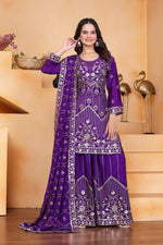Thumbnail for Prazu Fashion Violet Chinon Silk Sequin Embroidered Sharara Suit