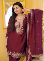 Thumbnail for Teeya Creation Maroon Color Chinnon Silk Heavy Embroidery Work Fully Stitched Dhoti Suit - Distacart