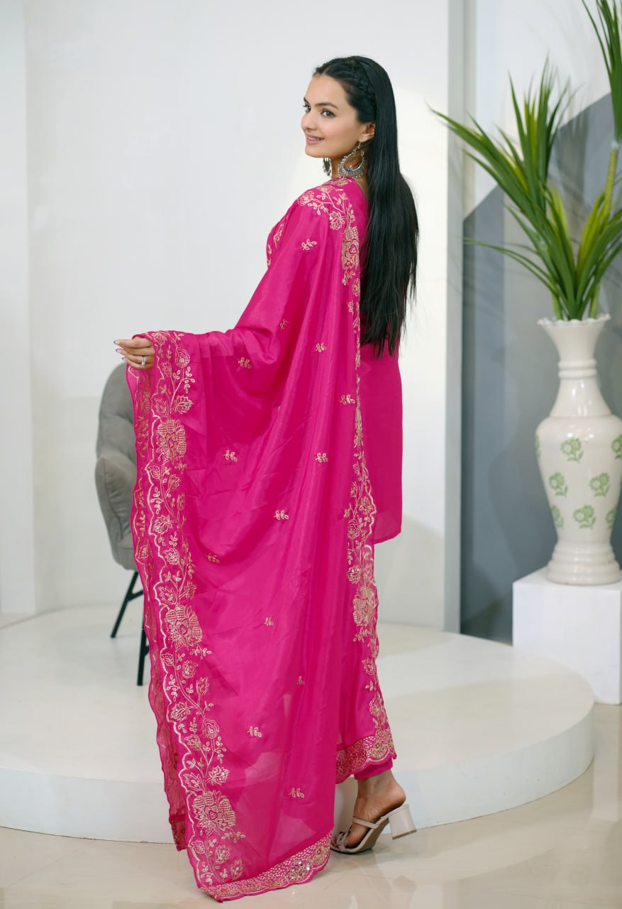 Teeya Creation Pink Color Chinnon Silk Heavy Embroidery Work Fully Stitched Salwar Suit - Distacart