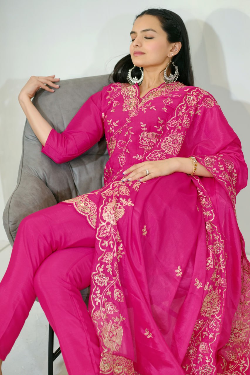 Teeya Creation Pink Color Chinnon Silk Heavy Embroidery Work Fully Stitched Salwar Suit - Distacart