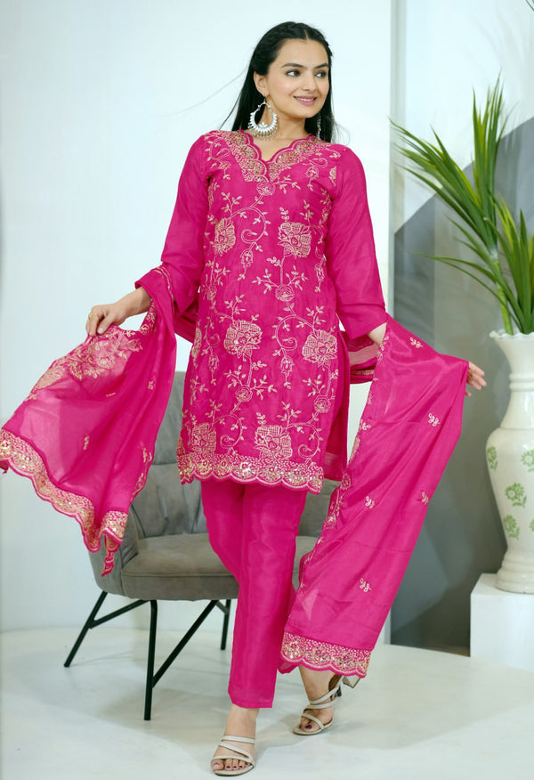 Teeya Creation Pink Color Chinnon Silk Heavy Embroidery Work Fully Stitched Salwar Suit - Distacart