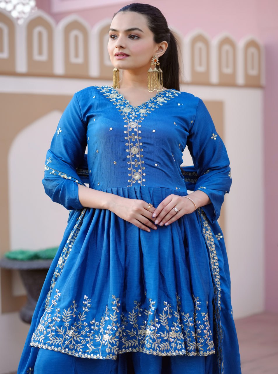 Teeya Creation Blue Color Chinnon Silk Heavy Embroidery Work Fully Stitched Salwar Suit - Distacart