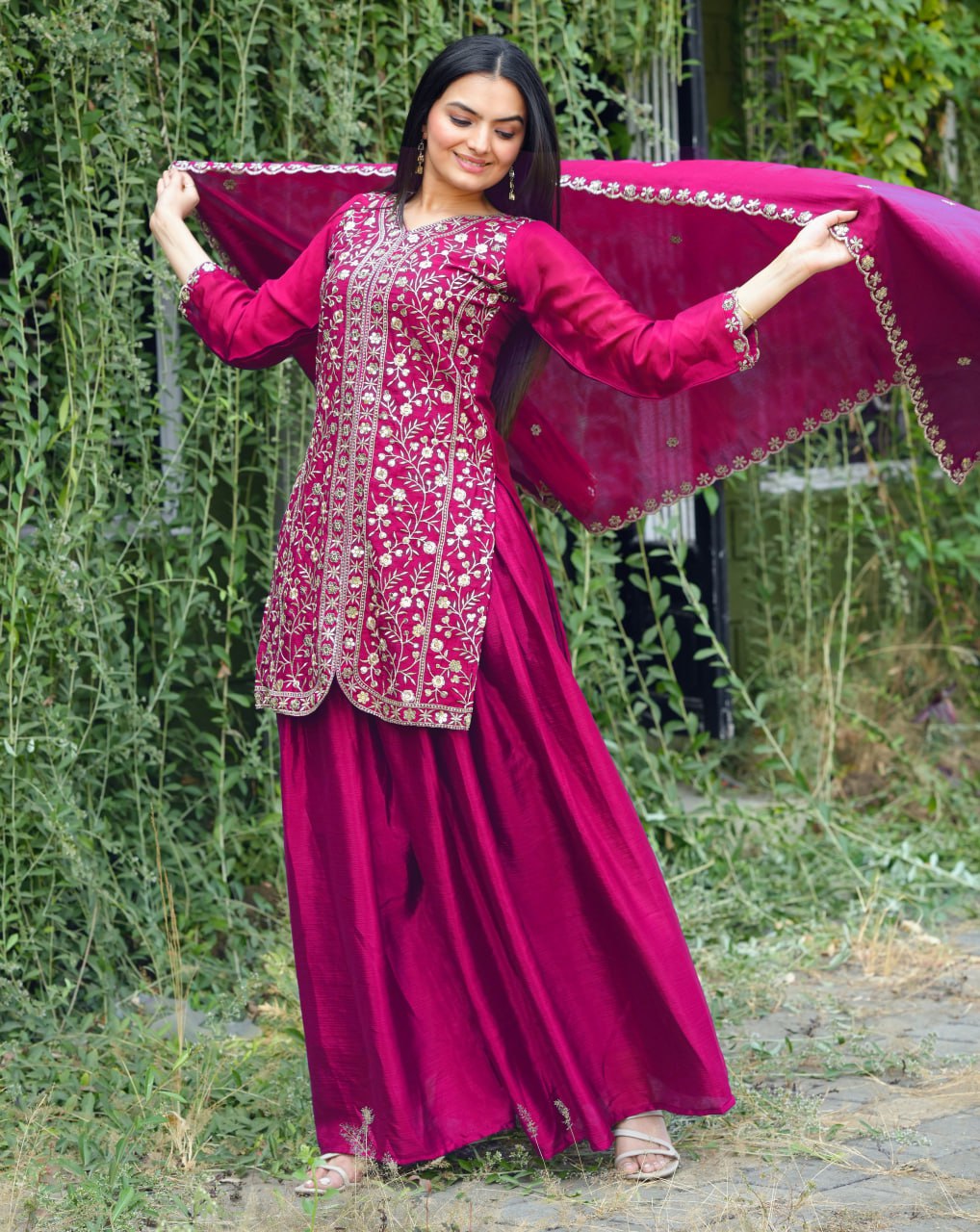 Prazu Fashion Pink Chinon Silk Sequence Embroidered Sharara Suit