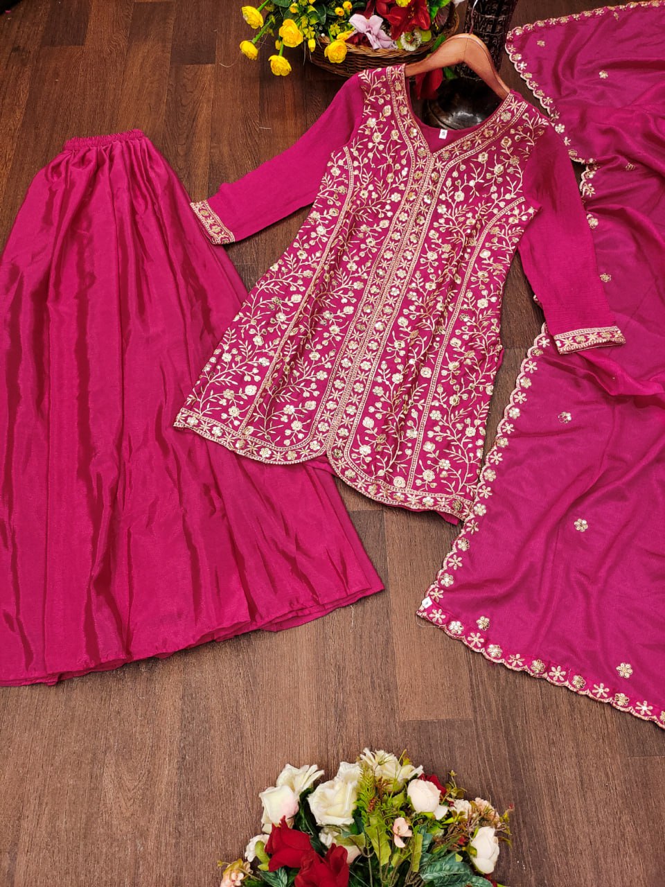 Prazu Fashion Pink Chinon Silk Sequence Embroidered Sharara Suit
