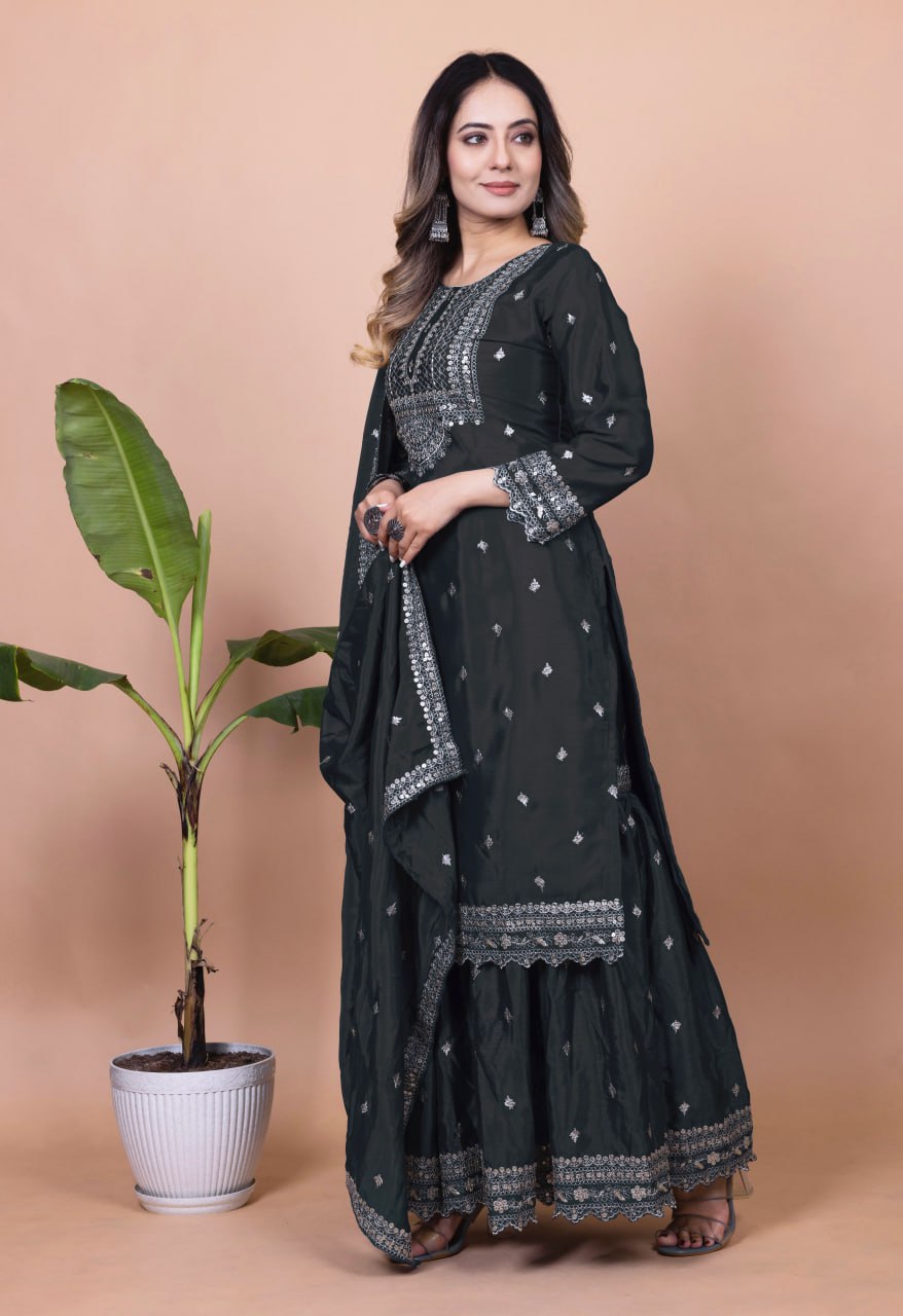 Prazu Fashion Black Chinon Silk Sequence Embroidered Sharara Suit