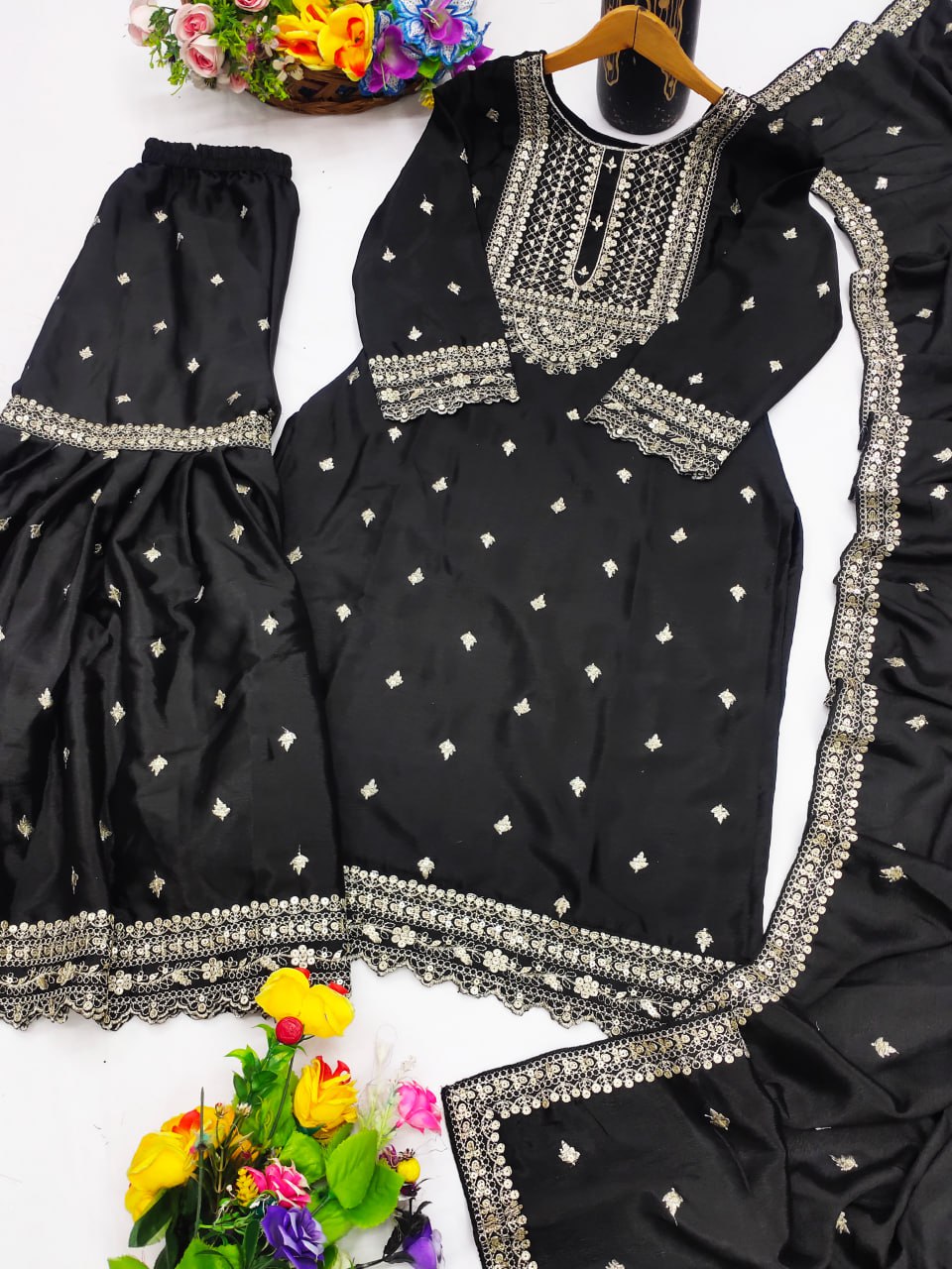 Prazu Fashion Black Chinon Silk Sequence Embroidered Sharara Suit