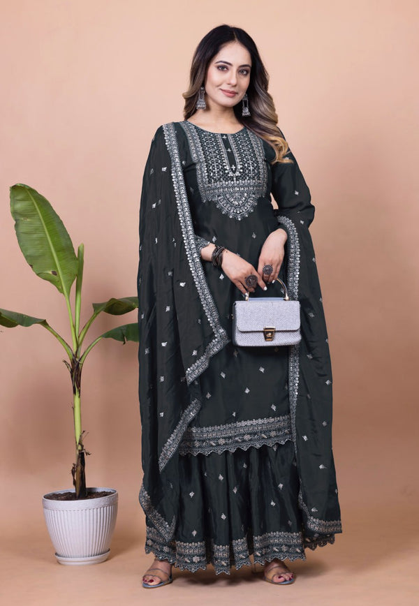 Prazu Fashion Black Chinon Silk Sequence Embroidered Sharara Suit