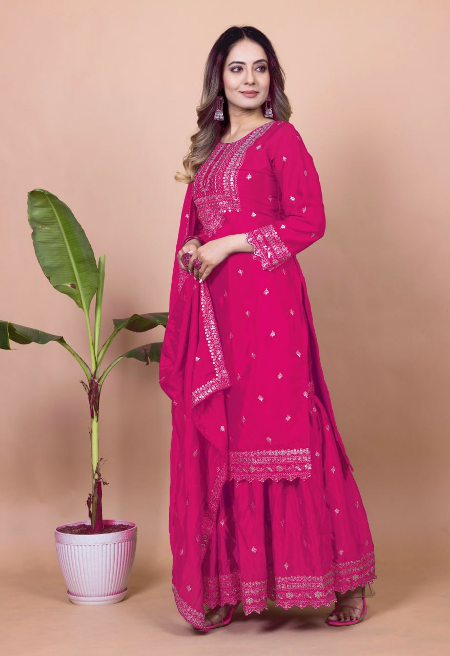 Prazu Fashion Pink Chinon Silk Sequence Embroidered Sharara Suit