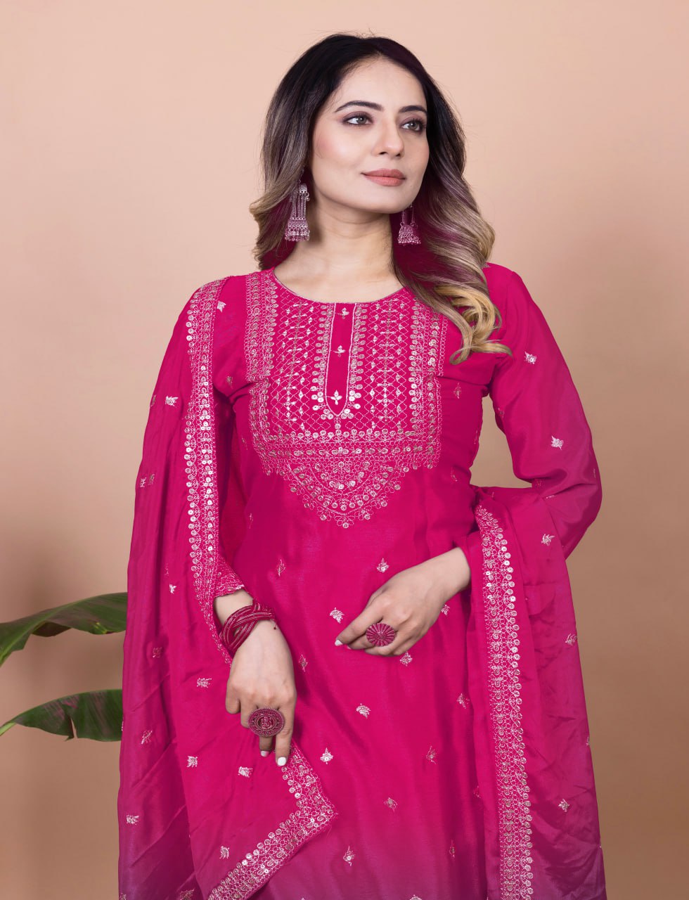 Prazu Fashion Pink Chinon Silk Sequence Embroidered Sharara Suit
