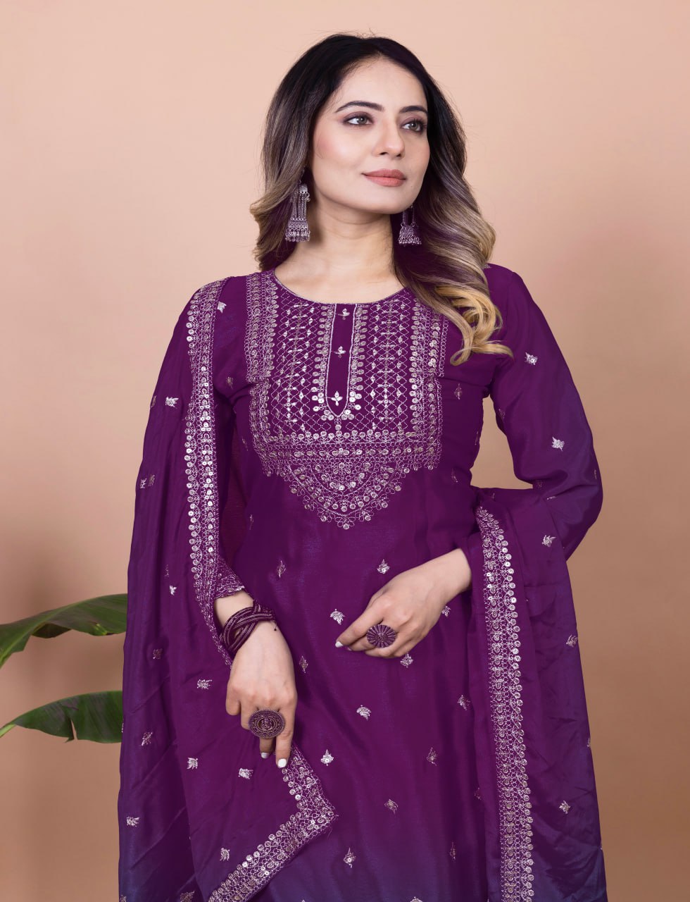Prazu Fashion Purple Chinon Silk Sequence Embroidered Sharara Suit